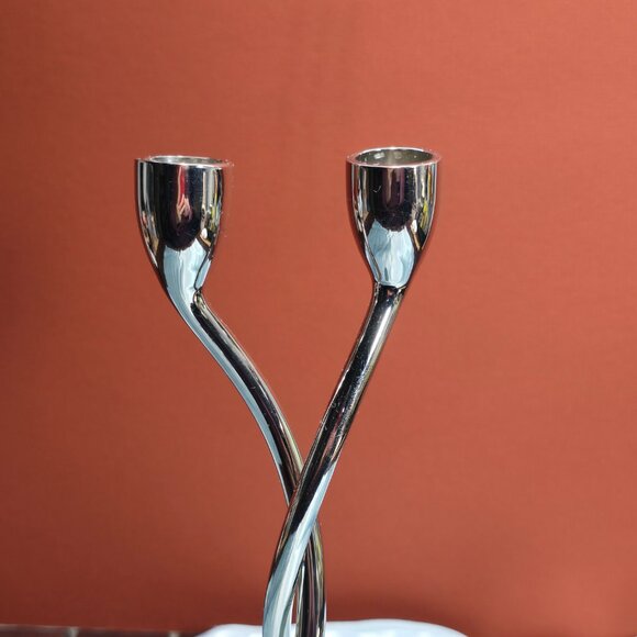 Red Envelope Pair of Silver Tone Unity Twist Candlestick Holders - Love - Picture 2 of 7